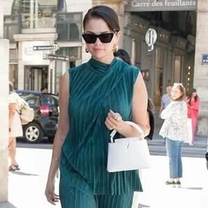 Zara Selena Gomez Green Ribbed Pleated Bow Tie Sleeveless Tank Blouse Top Size S